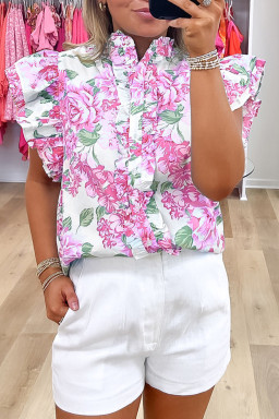 Pink Floral Print Ruffle Sleeve Frilly Button Up Shirt