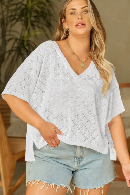 White Pointelle Rhombus Knit Plus Size V Neck Loose Top