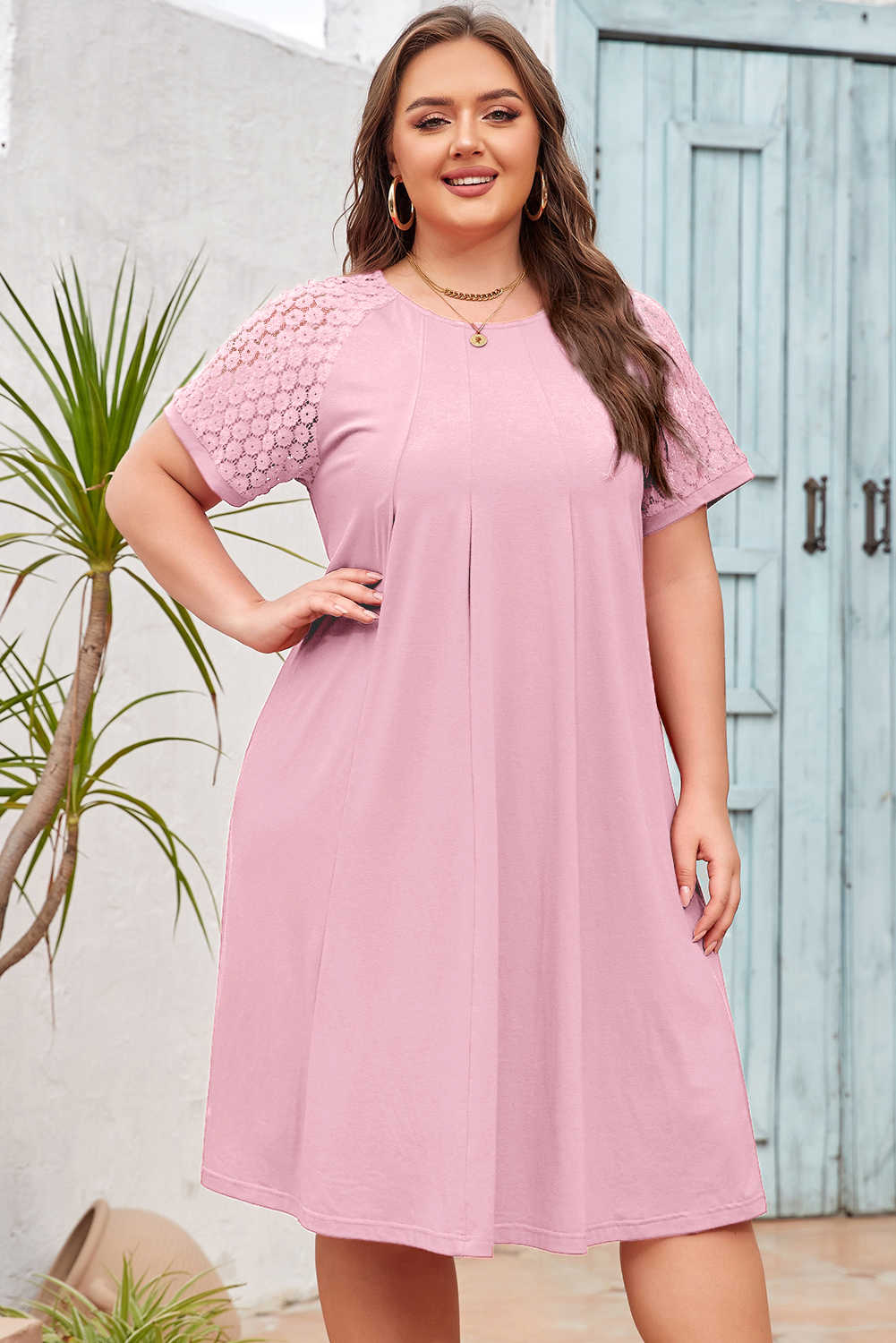 Light Pink Plus Size Solid Color Lace Short Sleeve Pleated Swing Dress