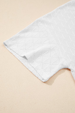 White Pointelle Rhombus Knit Plus Size V Neck Loose Top