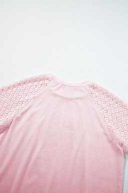 Pink Seamed Detail Contrast Lace Raglan Sleeve Tee