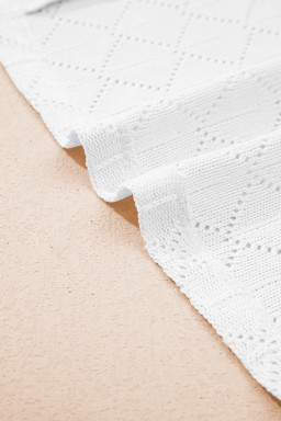 White Pointelle Rhombus Knit Plus Size V Neck Loose Top