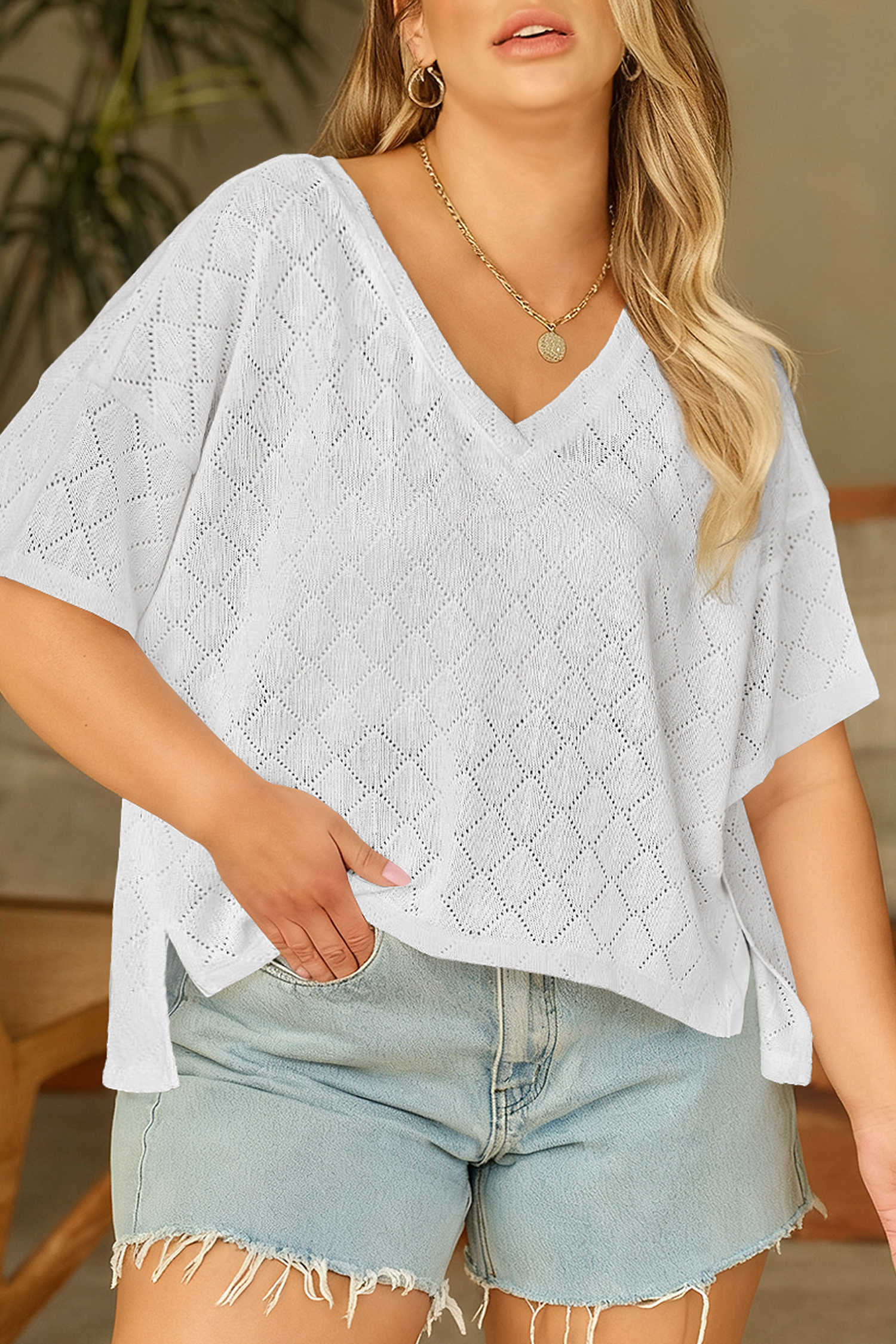 White Pointelle Rhombus Knit Plus Size V Neck Loose Top