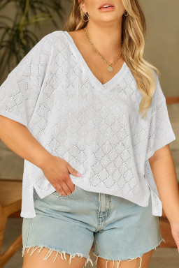 White Pointelle Rhombus Knit Plus Size V Neck Loose Top