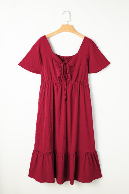 Red Plus Size Short Sleeve Lace-up High Waist Midi Dress