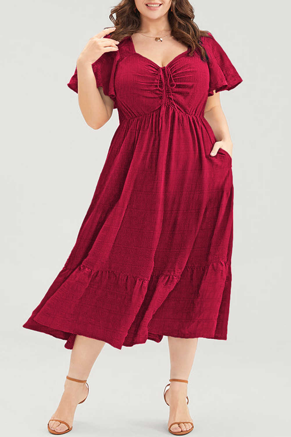 Red Plus Size Short Sleeve Lace-up High Waist Midi Dress