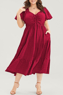 Red Plus Size Short Sleeve Lace-up High Waist Midi Dress