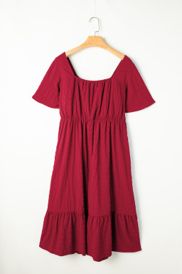 Red Plus Size Short Sleeve Lace-up High Waist Midi Dress