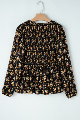 Black Boho Floral Smocked Bust Ruffled Peplum Blouse