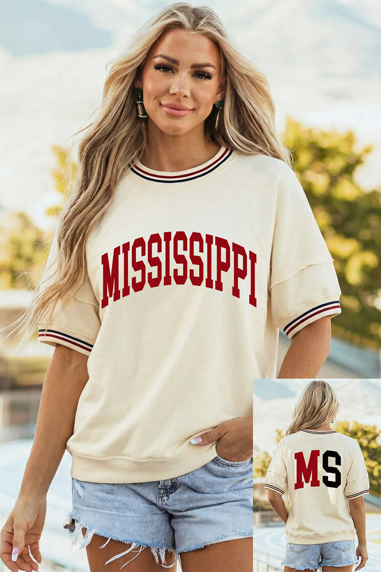 Beige MISSISSIPPI/ MS Reversible Printed Preppy Short Sleeve Top