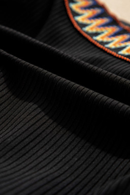 Black Ribbed Knit Tribal Contrast Detail 2pcs High Waist Swimsuit