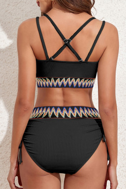 Black Ribbed Knit Tribal Contrast Detail 2pcs High Waist Swimsuit