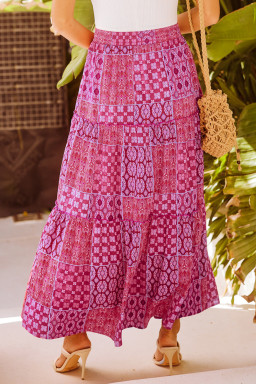 Purple Tiered Paisley Print Pocketed Maxi Skirt