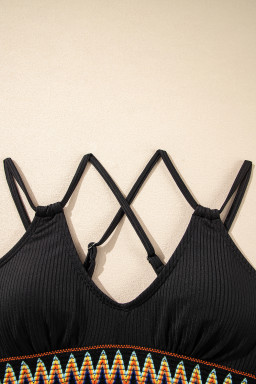 Black Ribbed Knit Tribal Contrast Detail 2pcs High Waist Swimsuit