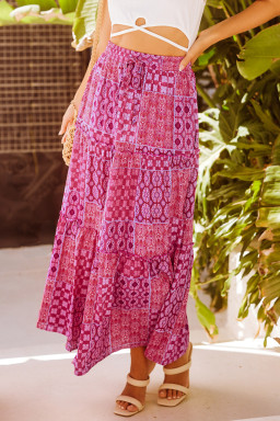 Purple Tiered Paisley Print Pocketed Maxi Skirt