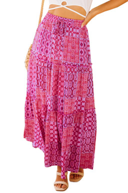 Purple Tiered Paisley Print Pocketed Maxi Skirt