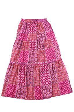 Purple Tiered Paisley Print Pocketed Maxi Skirt