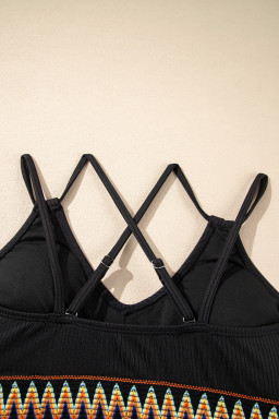 Black Ribbed Knit Tribal Contrast Detail 2pcs High Waist Swimsuit