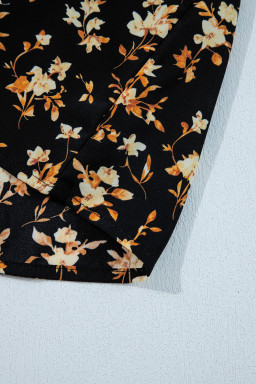 Black Boho Floral Smocked Bust Ruffled Peplum Blouse