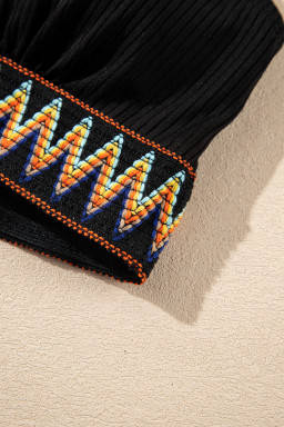 Black Ribbed Knit Tribal Contrast Detail 2pcs High Waist Swimsuit