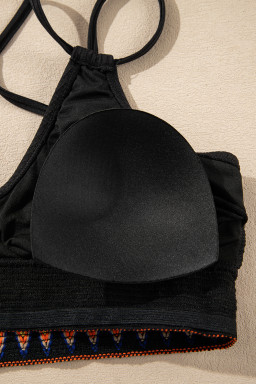 Black Ribbed Knit Tribal Contrast Detail 2pcs High Waist Swimsuit