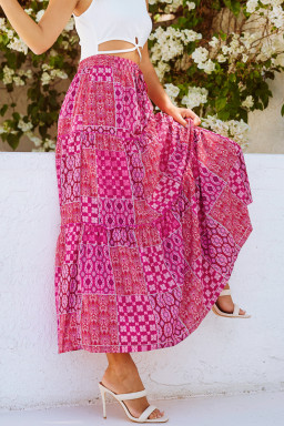 Purple Tiered Paisley Print Pocketed Maxi Skirt