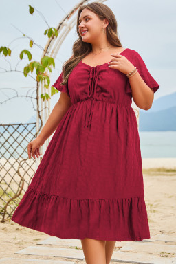 Red Plus Size Short Sleeve Lace-up High Waist Midi Dress