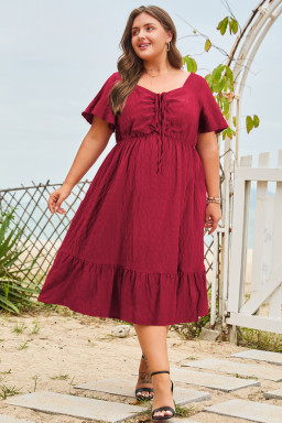 Red Plus Size Short Sleeve Lace-up High Waist Midi Dress