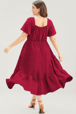 Red Plus Size Short Sleeve Lace-up High Waist Midi Dress