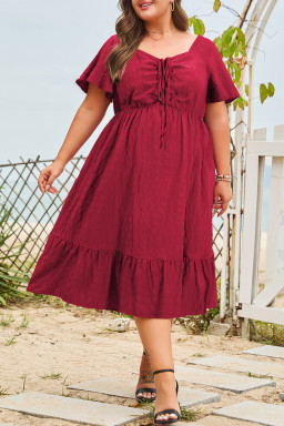 Red Plus Size Short Sleeve Lace-up High Waist Midi Dress