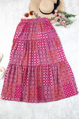 Purple Tiered Paisley Print Pocketed Maxi Skirt