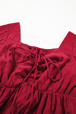 Red Plus Size Short Sleeve Lace-up High Waist Midi Dress