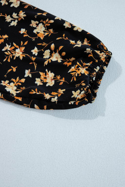 Black Boho Floral Smocked Bust Ruffled Peplum Blouse