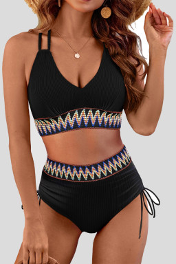 Black Ribbed Knit Tribal Contrast Detail 2pcs High Waist Swimsuit