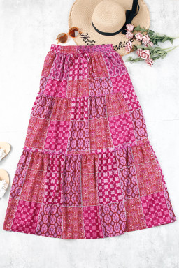 Purple Tiered Paisley Print Pocketed Maxi Skirt