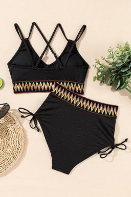 Black Ribbed Knit Tribal Contrast Detail 2pcs High Waist Swimsuit