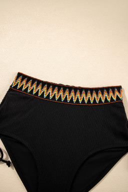 Black Ribbed Knit Tribal Contrast Detail 2pcs High Waist Swimsuit