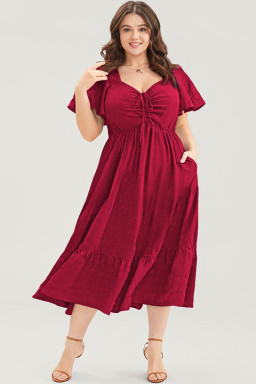 Red Plus Size Short Sleeve Lace-up High Waist Midi Dress