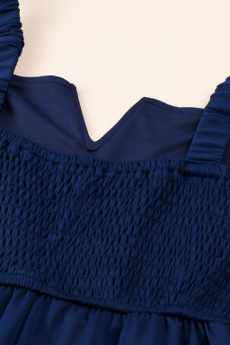 Blue Notched Neck Smocked Back Wide Leg Sleeveless Jumpsuit