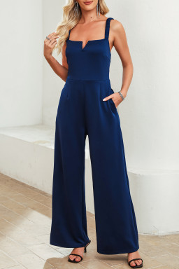 Blue Notched Neck Smocked Back Wide Leg Sleeveless Jumpsuit