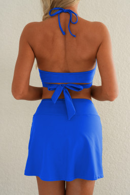 Dark Blue Crossover Tie Back Halter Bikini with Swim Bottoms