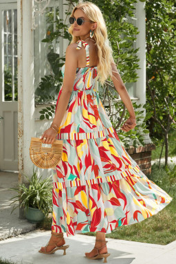 Multicolor Abstract Print Striped Detail Knot Strap Maxi Dress