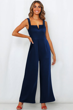 Blue Notched Neck Smocked Back Wide Leg Sleeveless Jumpsuit