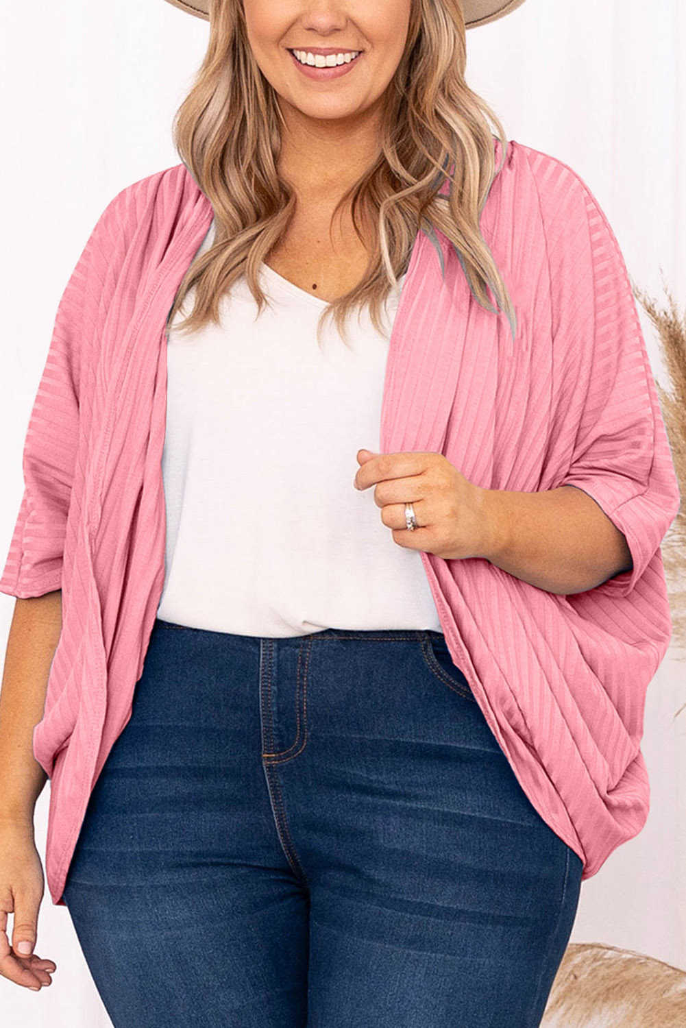 Cardigan de talla gran amb textura de canalé brillant rosa rosa