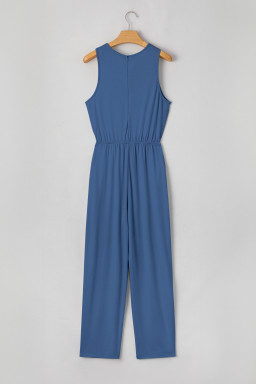 Sail Blue Solid Color Pleated Detail Elastic Waist Sleeveless Jumpsuit