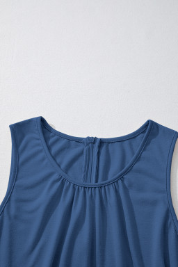 Sail Blue Solid Color Pleated Detail Elastic Waist Sleeveless Jumpsuit