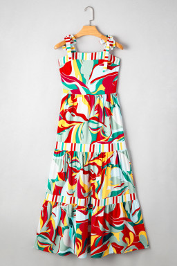 Multicolor Abstract Print Striped Detail Knot Strap Maxi Dress
