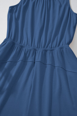Sail Blue Solid Color Pleated Detail Elastic Waist Sleeveless Jumpsuit