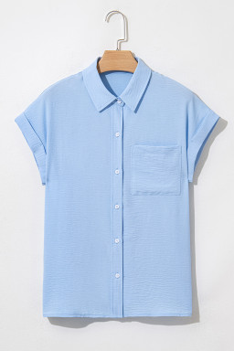 Mist Blue Solid Color Cuffed Short Sleeve Shirt