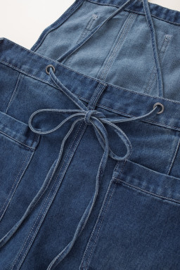 Dark Blue Crossed Tie Straps Bib Pocket Loose Denim Overalls